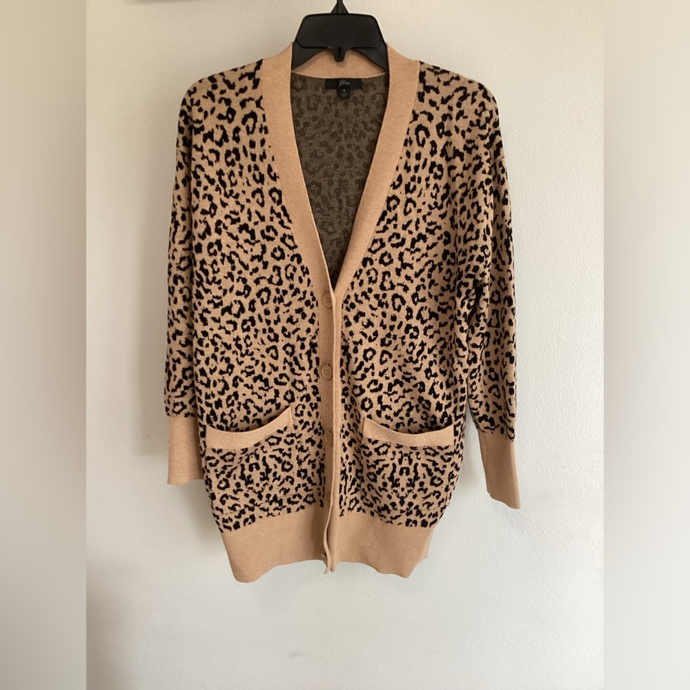 J Crew Wool Blend Leopard Jacquard Long V Neck Cardigan